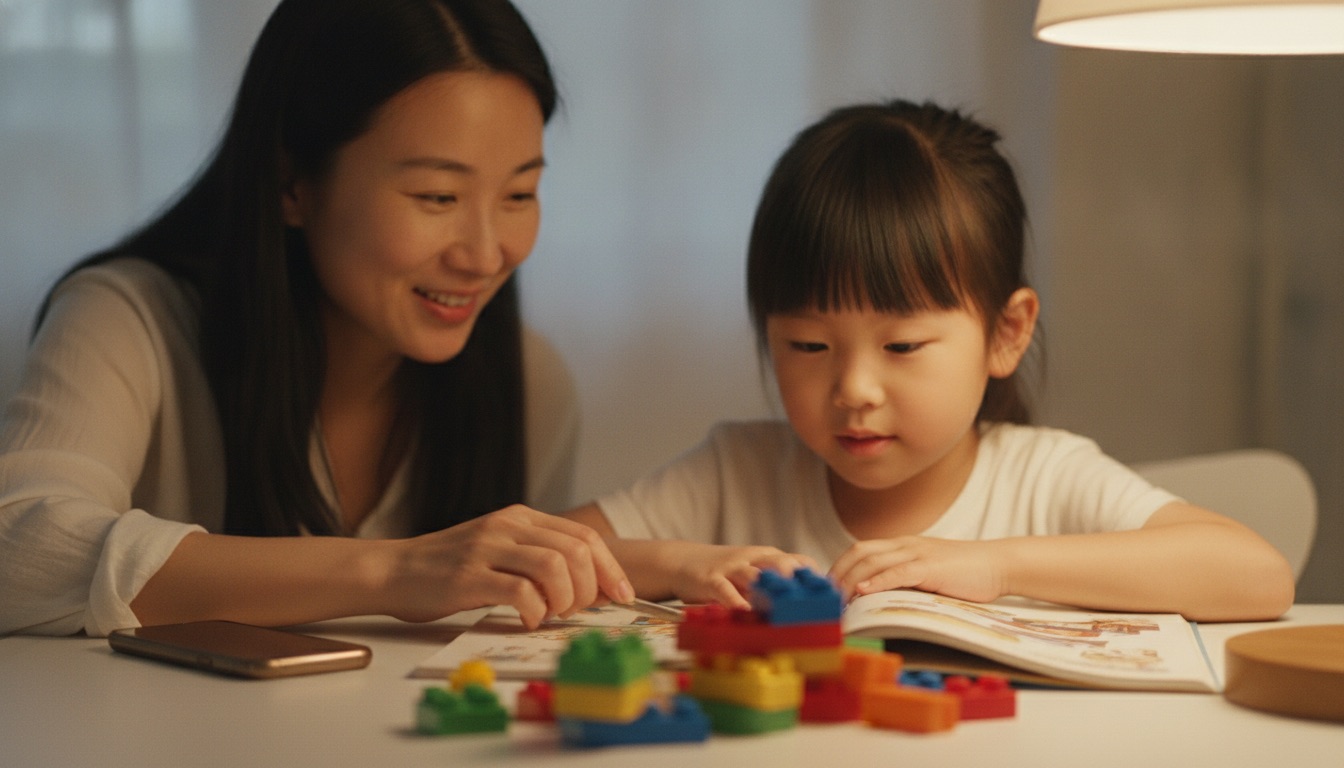 傍晚餐桌旁妈妈把手机扣在一边和孩子一起搭积木翻绘本两人都没看屏幕