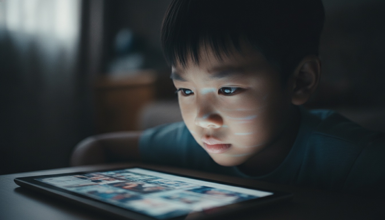 昏暗房间孩子凑很近盯着平板屏幕快速闪烁冷光打在紧绷的脸上