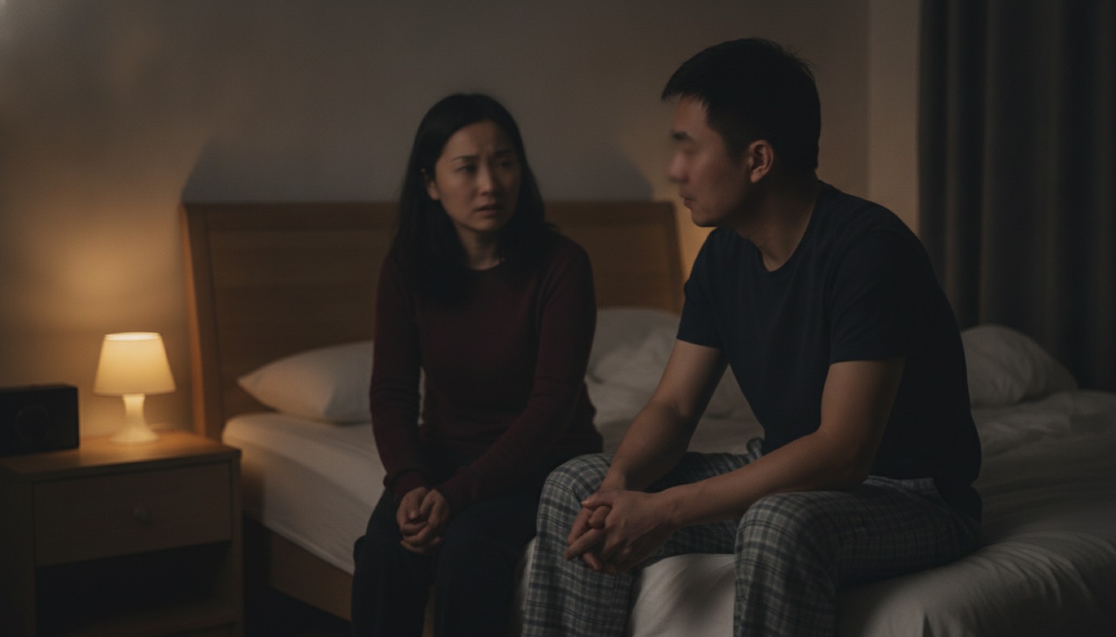 深夜卧室妈妈爸爸坐床边私密对话