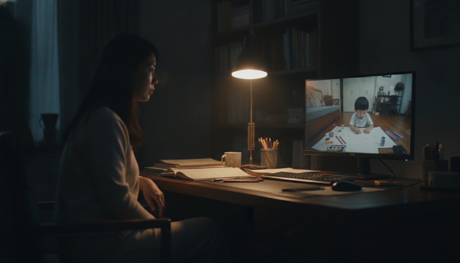 夜晚中国家庭书房妈妈盯电脑屏幕看监控画面