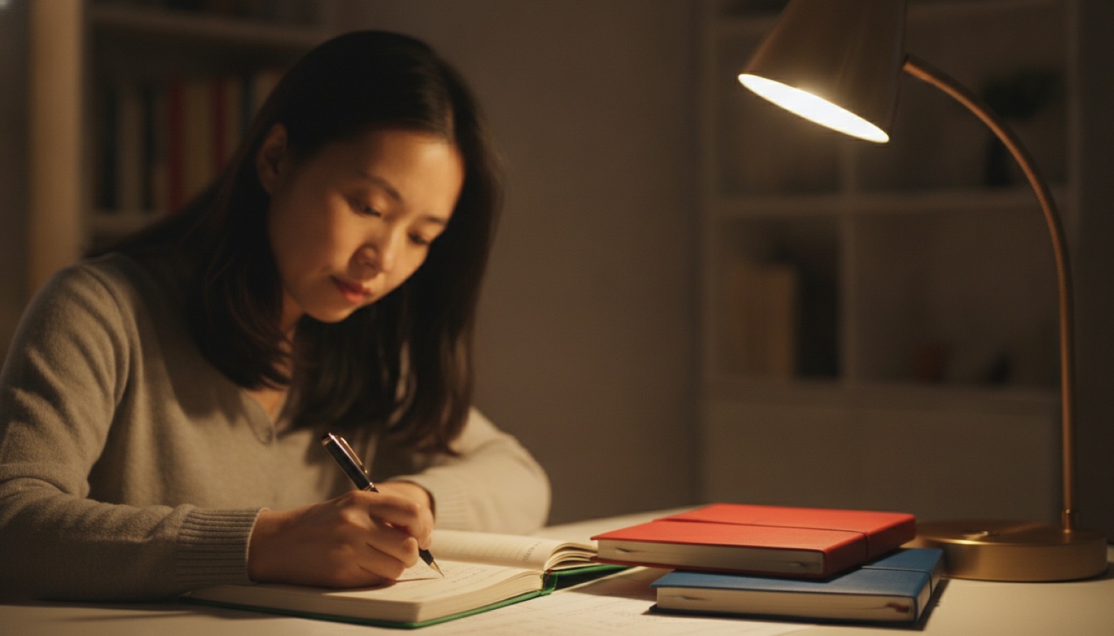 夜晚书桌妈妈用钢笔写绿色硬皮手账本