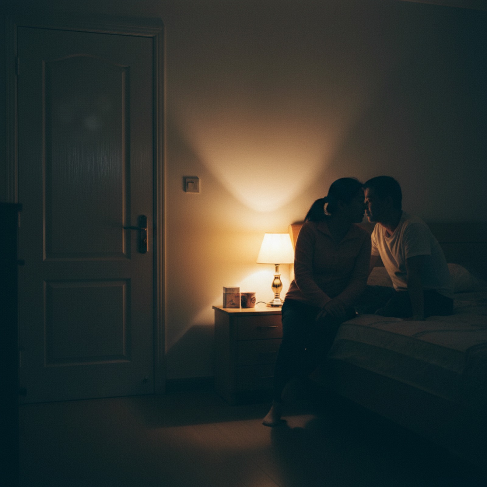 夜晚卧室一对夫妻坐床边低声聊天,床头灯暖光
