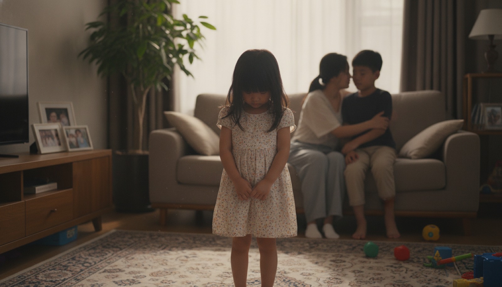 傍晚客厅小女孩委屈低头说话妈妈愣住转头看