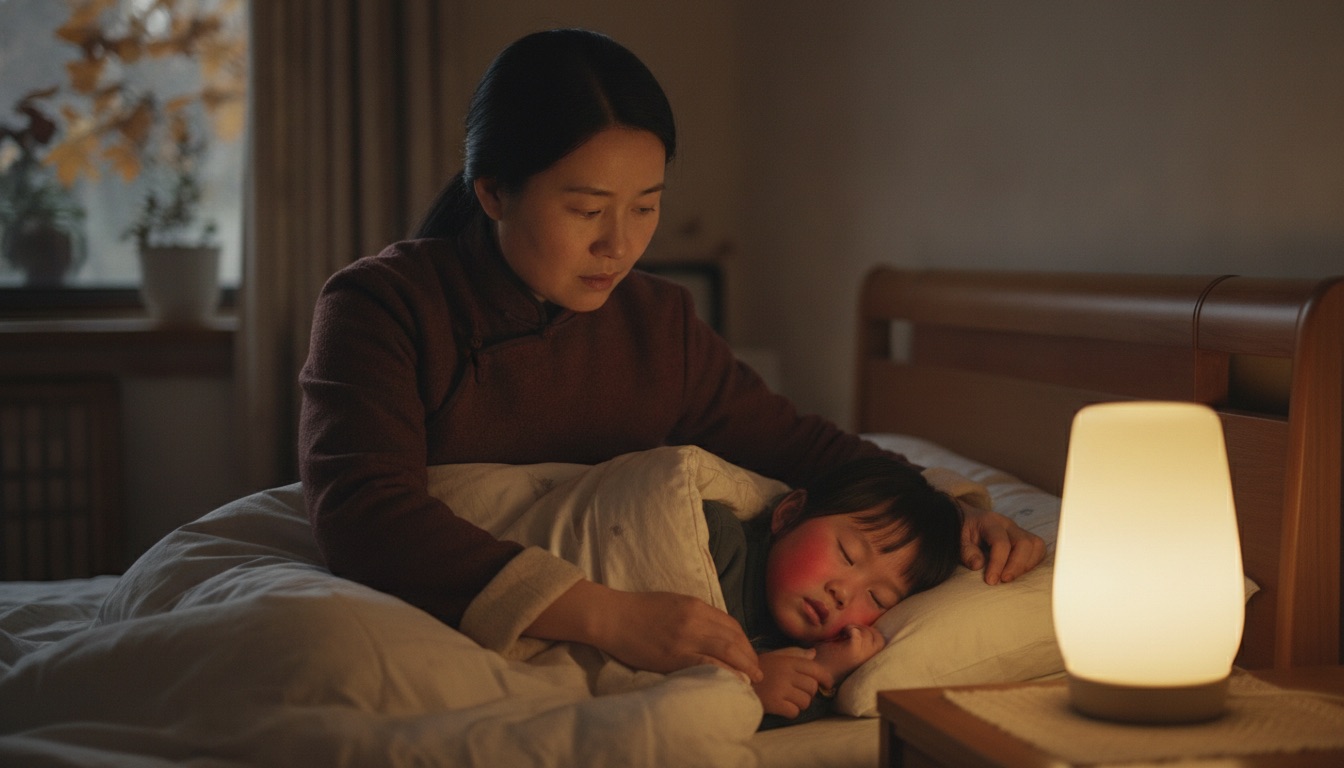 深秋傍晚,妈妈坐在床边给发烧的孩子掖被子,孩子脸颊发红半睡着,床头灯光暖黄,神情里是心疼与担忧交织