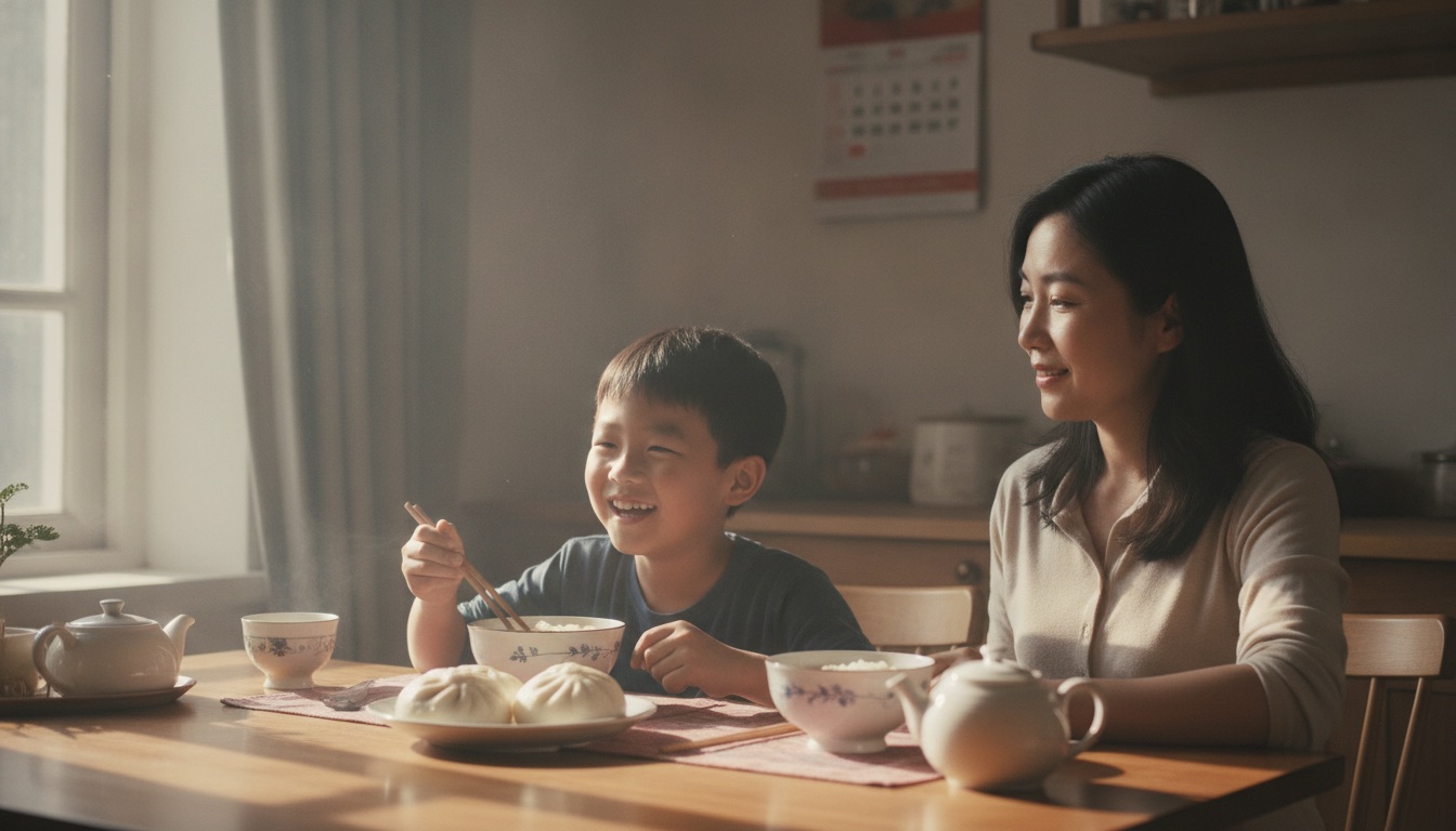 清晨餐桌病好的孩子精神吃早饭妈妈在旁舒展看着