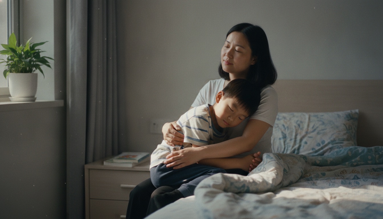 午后床边妈妈把生病孩子搂进怀里孩子靠在肩上