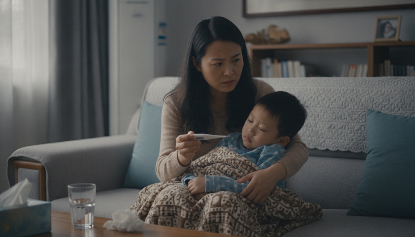 白天客厅妈妈紧盯生病孩子手握体温计眉头紧锁