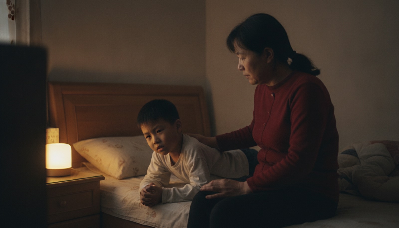 夜晚外婆家卧室孩子在陌生床上翻来覆去妈妈床边轻拍