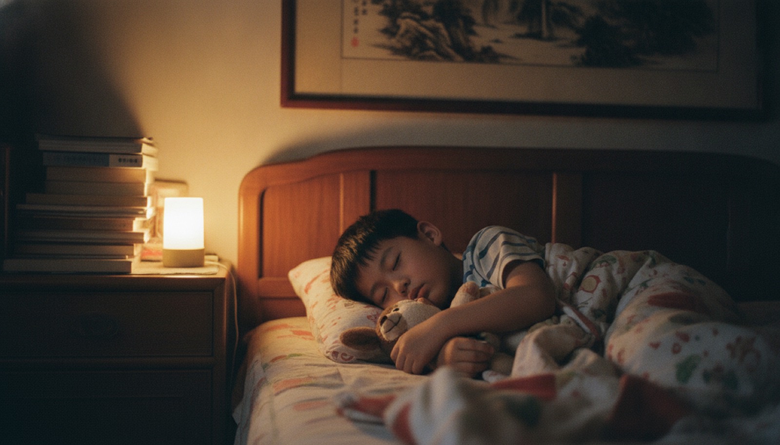夜晚外婆家孩子抱着玩偶盖小毯子睡得很香