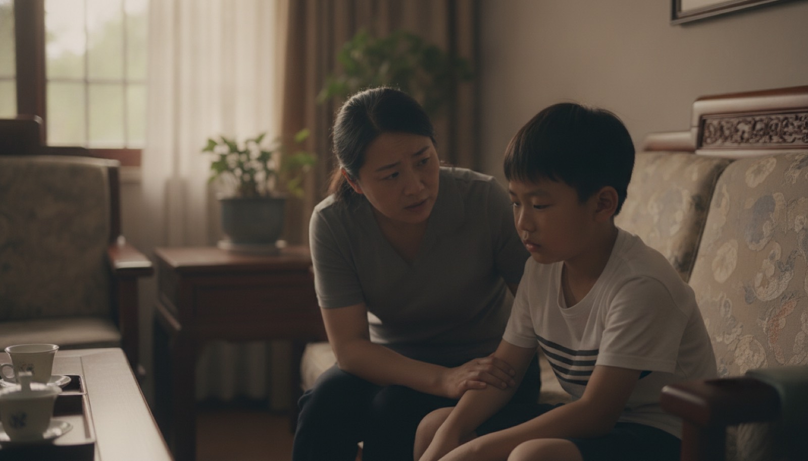 上午外婆家客厅孩子蔫蔫坐沙发妈妈担心看着