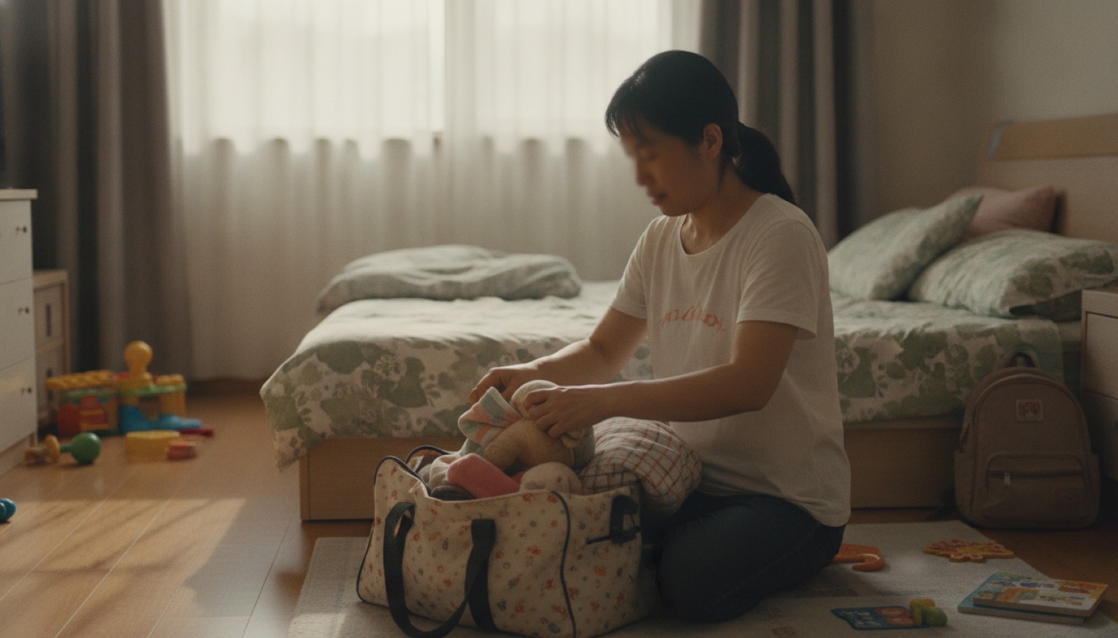 午后卧室妈妈往行李包里装孩子的小毯子玩偶枕巾