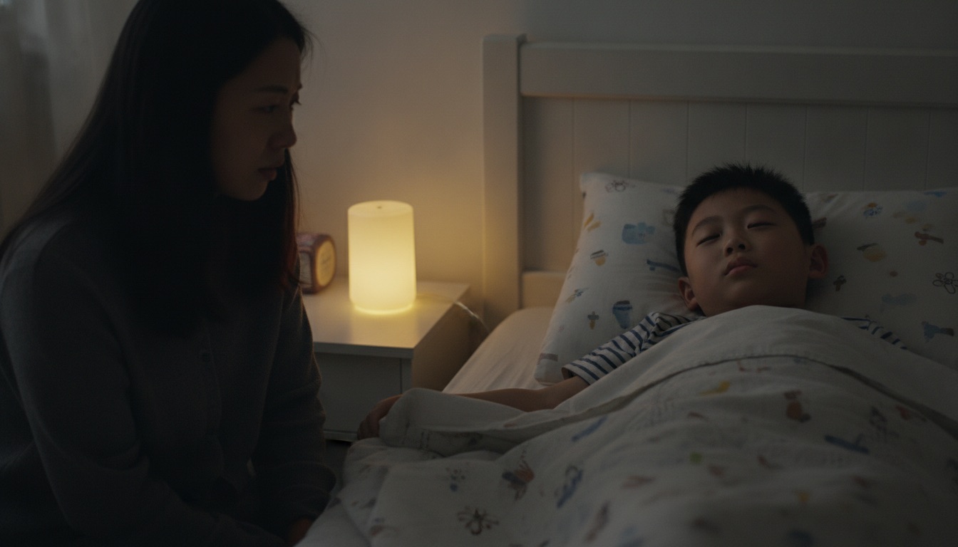 夜晚儿童房男孩躺床上没睡着眨眼耸肩妈妈坐床边陪着