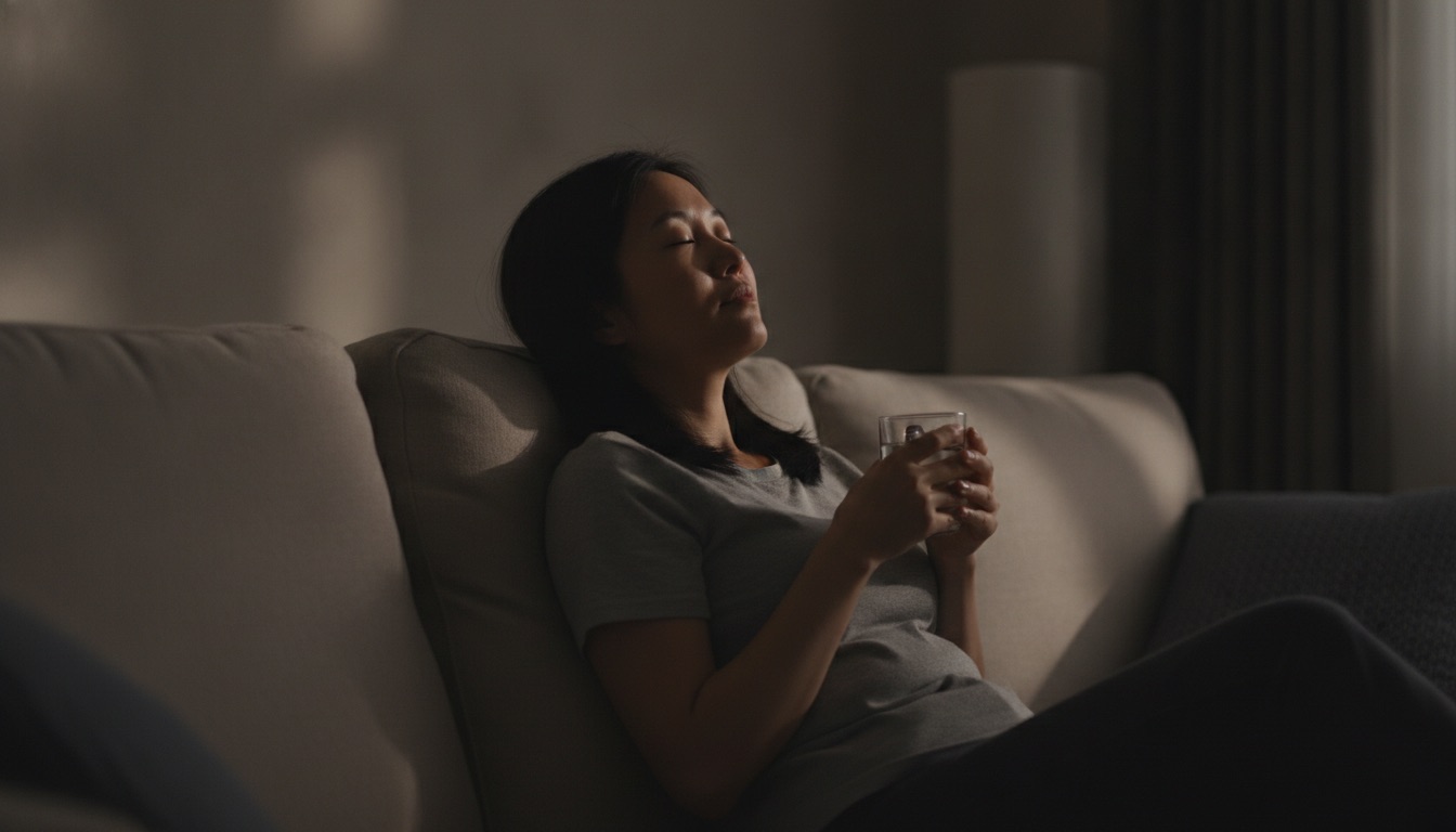深夜孩子睡后妈妈独自坐客厅沙发端温水闭目缓一口气