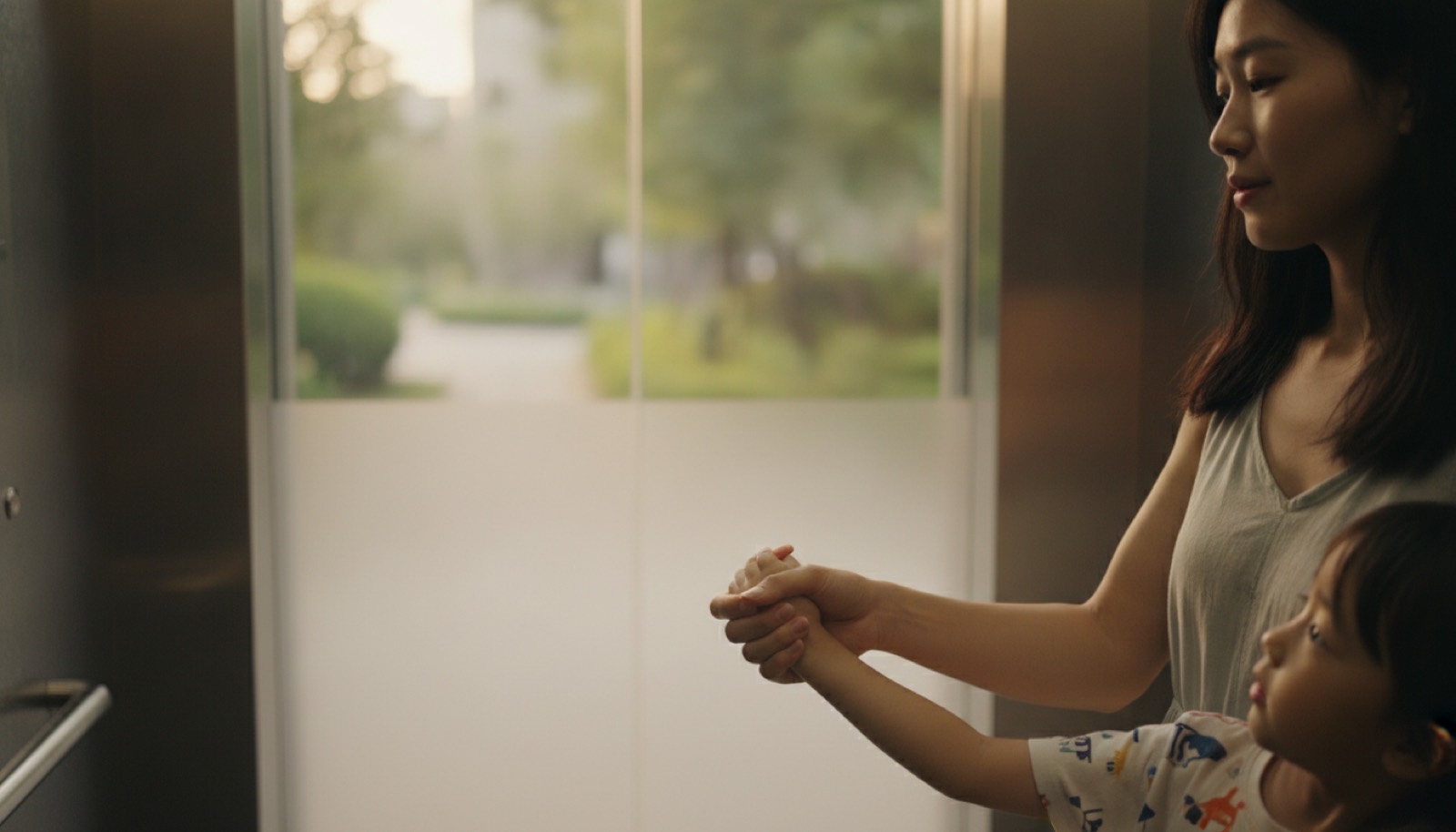 夏日傍晚小区电梯里一只小手被妈妈手轻轻握住,光线柔和,氛围安静温暖