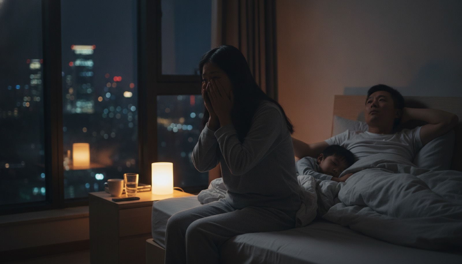 深夜卧室一盏小夜灯亮着,窗外是城市夜色,光线柔和,氛围安静不安