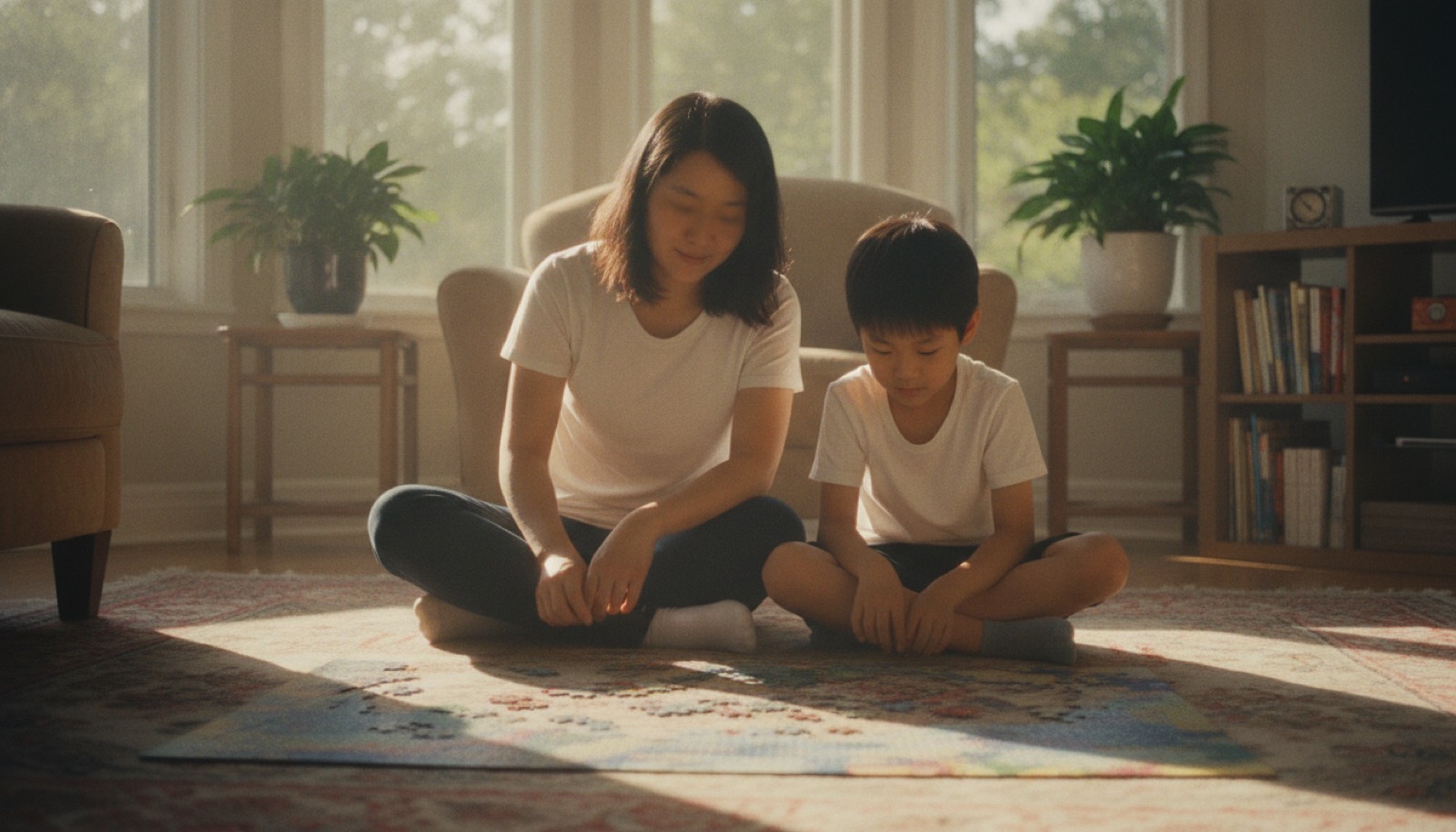 客厅妈妈和孩子一起拼拼图都很放松