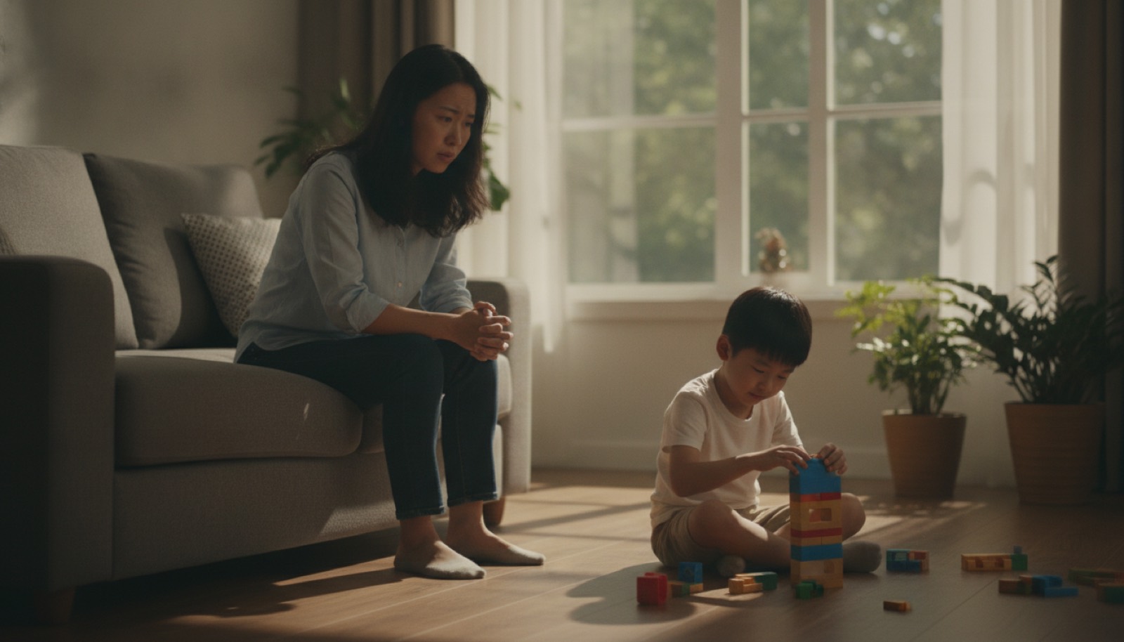 客厅妈妈紧张盯着玩玩具的孩子数眨眼