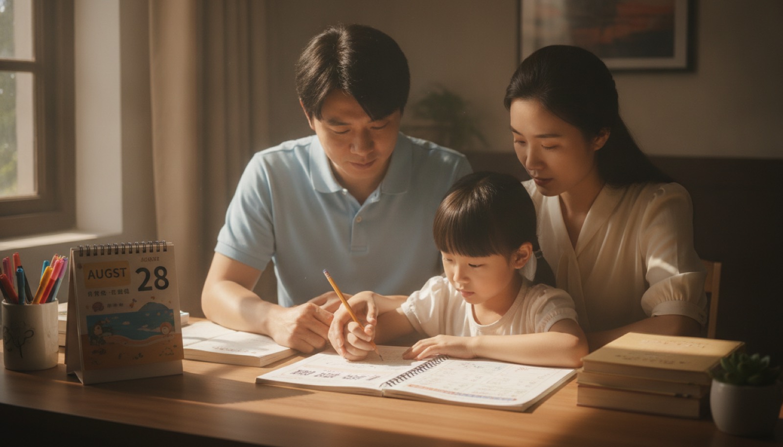 夏末傍晚书桌上一本翻开的暑假作业和一只日历,阳光柔和,氛围日常从容