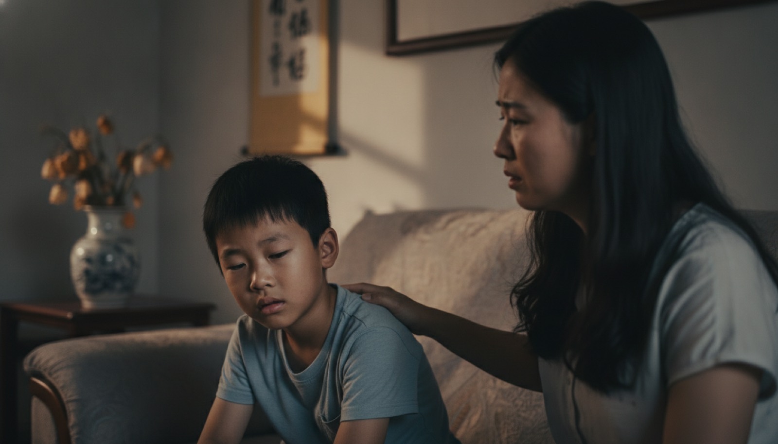 夏末客厅男孩蔫蔫紧张频繁眨眼妈妈担心自责看着