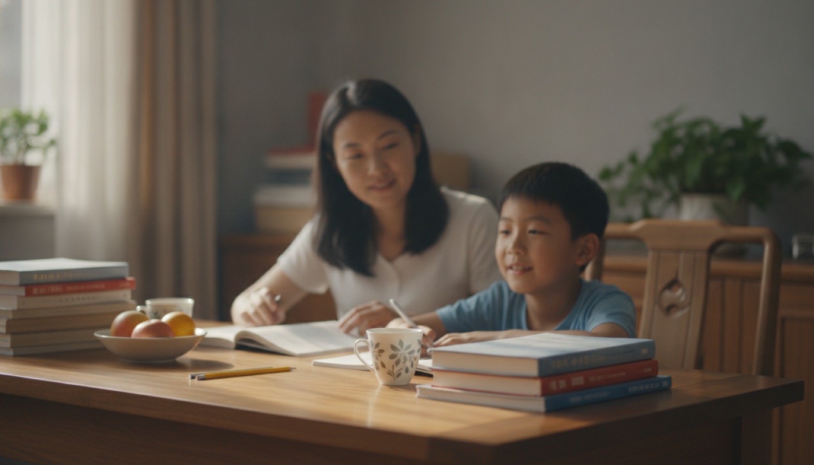 夏末上午书桌妈妈陪男孩轻松做一点作业孩子放松