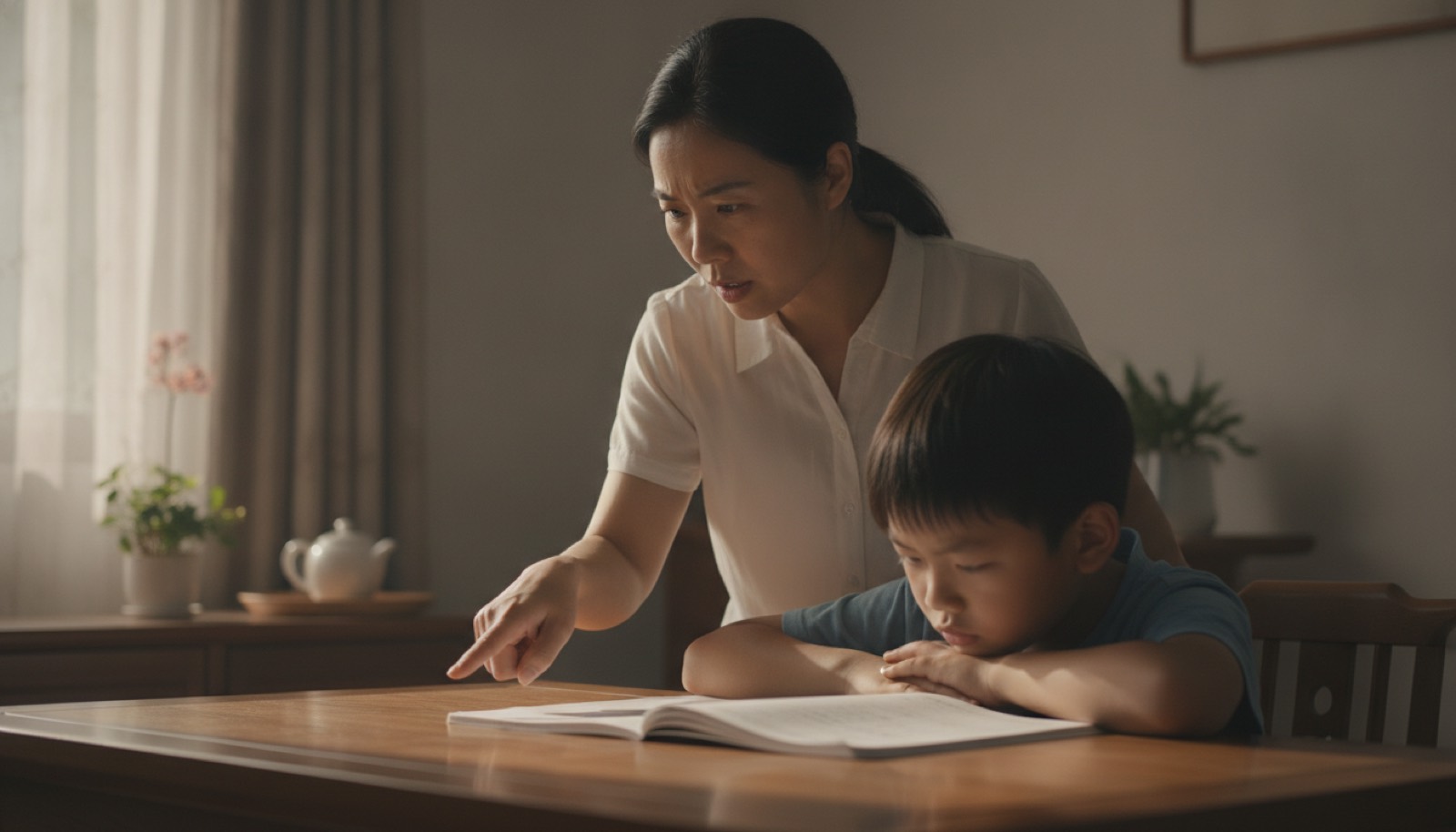 夏末傍晚书桌旁妈妈指着作业严肃催促男孩紧张不情愿
