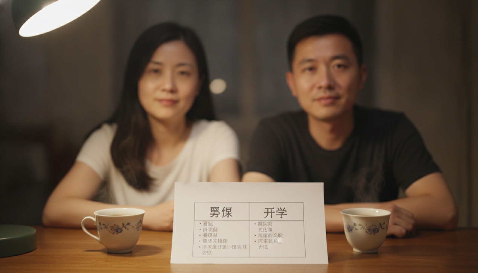 夜晚餐桌夫妻并排坐列暑假和开学的对比