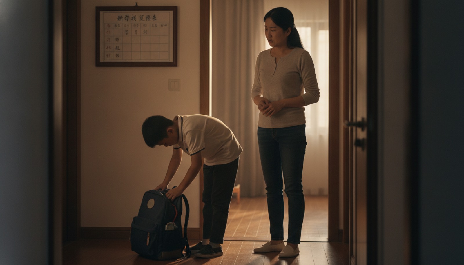 傍晚玄关妈妈担忧看着放学扔下书包的孩子