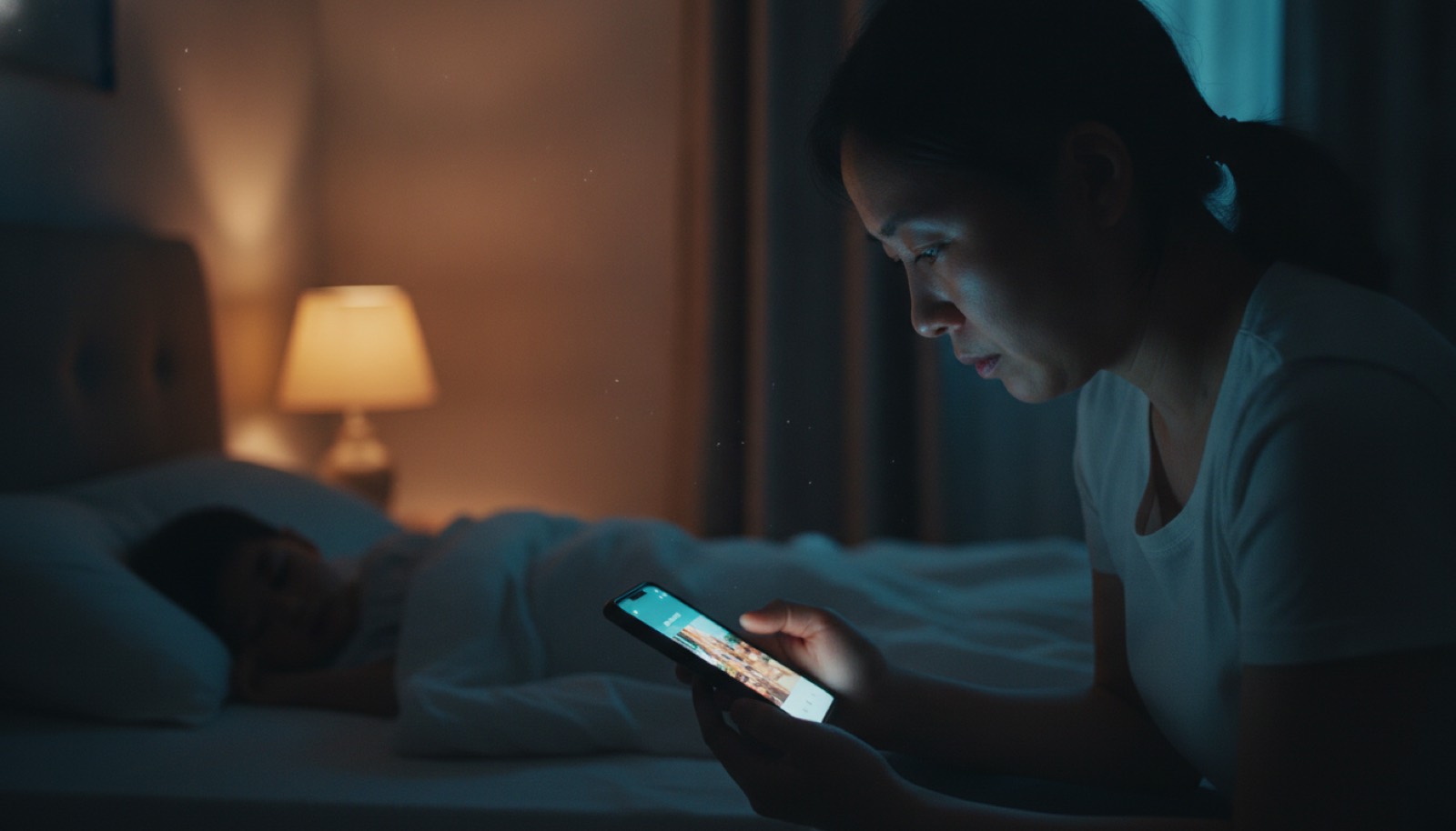 深夜卧室妈妈看手机里暑假视频眼眶泛红