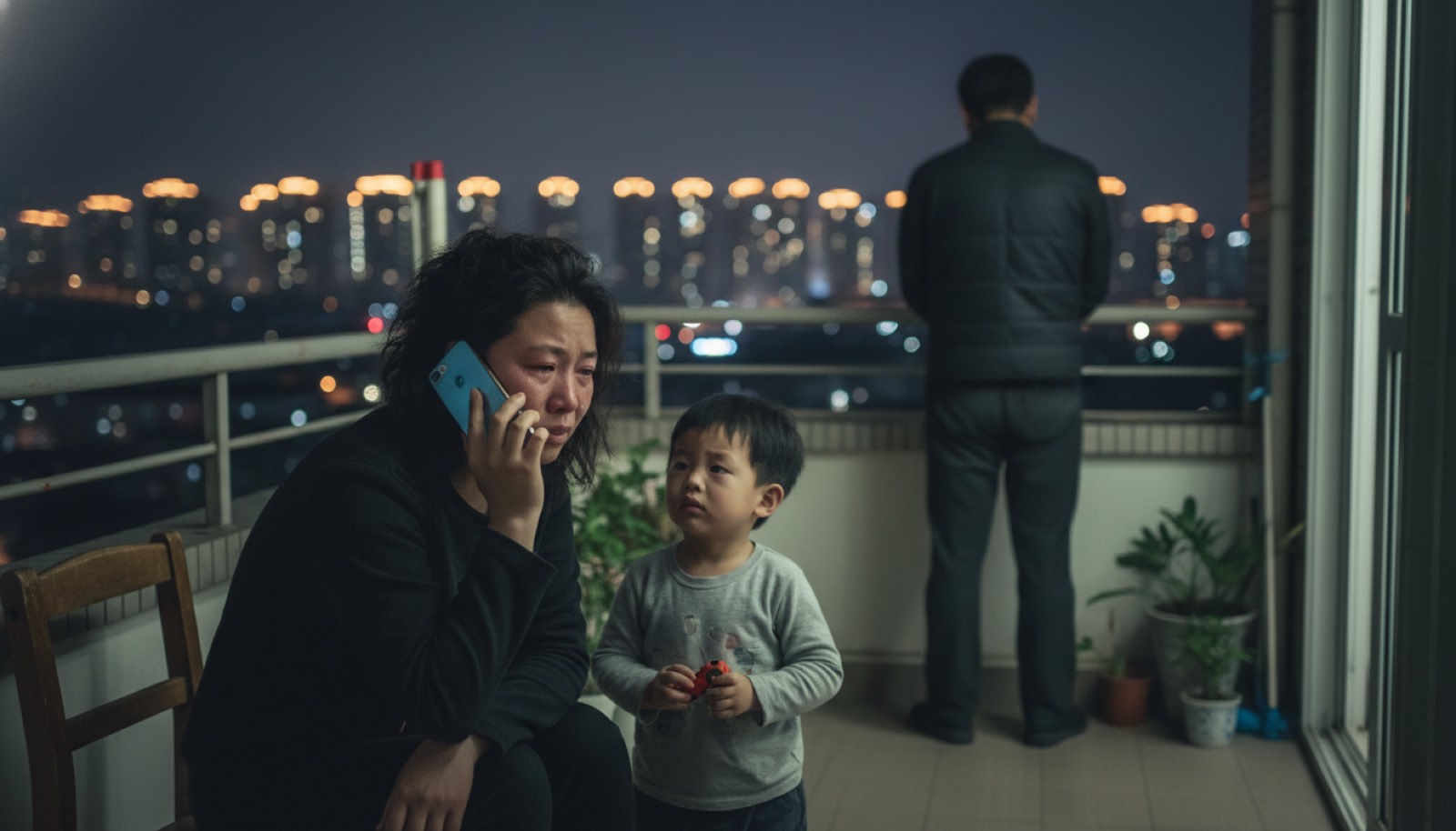 夜晚阳台妈妈坐小椅子贴手机听电话哭过红眼