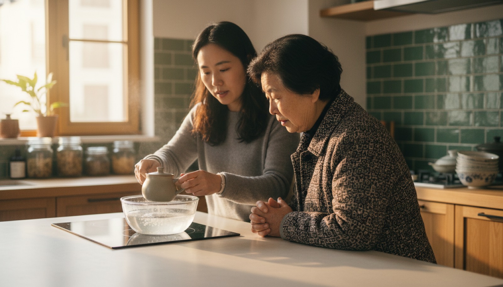 厨房岛台前妈妈和外婆并排站妈妈演示加热中药
