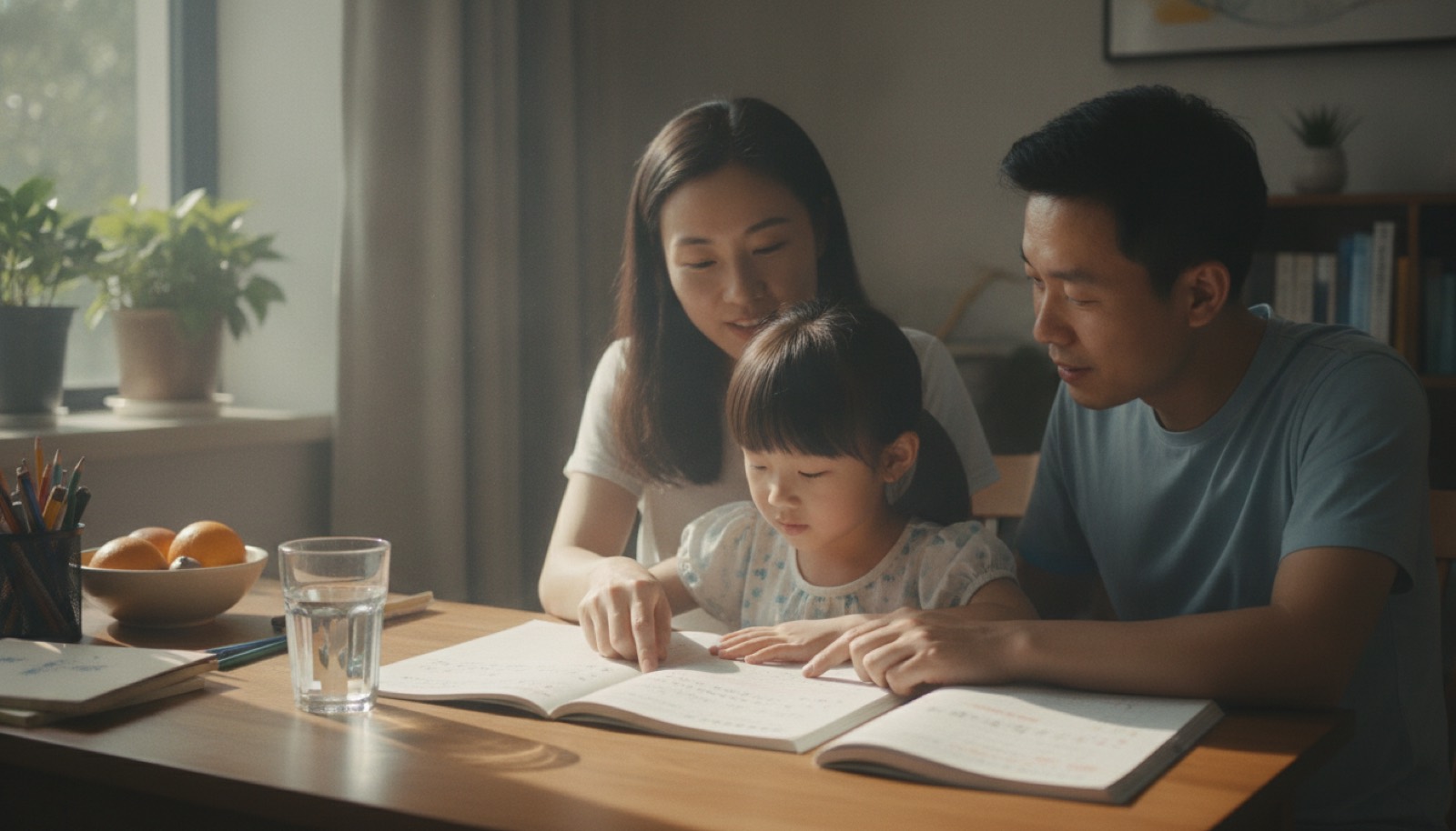 夏日午后书桌上一本翻开的暑假作业本旁边一只玻璃杯水,光线柔和,氛围日常学习