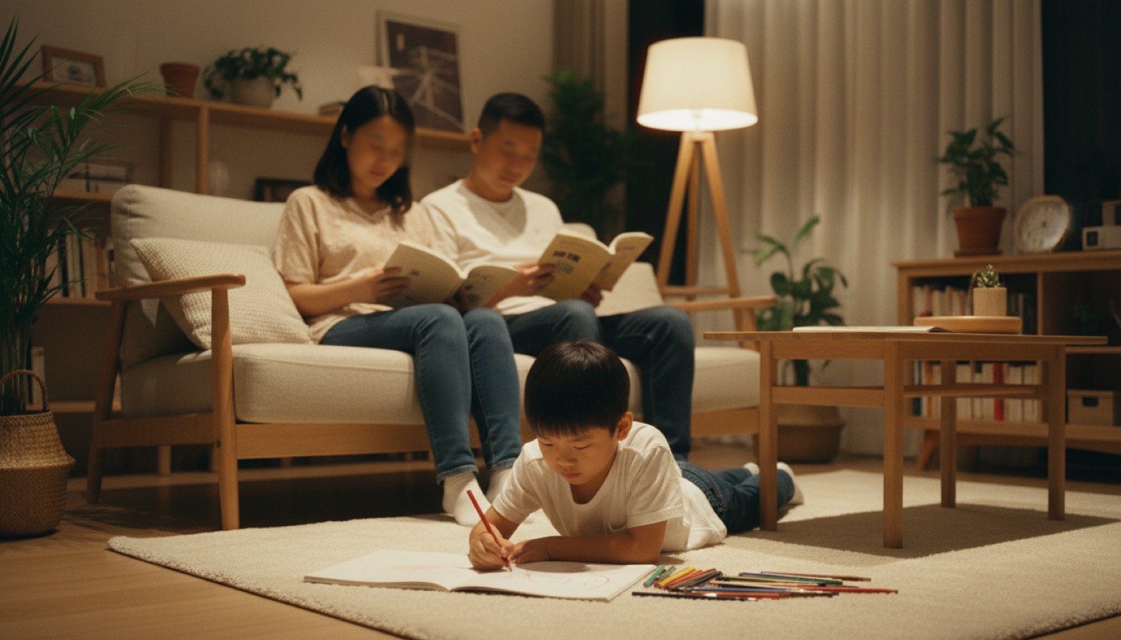 夜晚客厅一家三口各做各的事不提冰淇淋