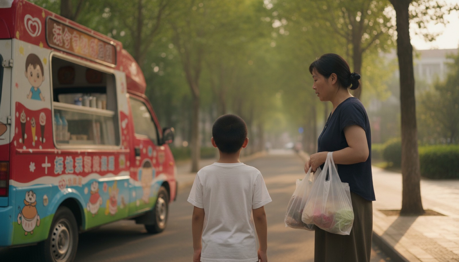 傍晚小区雪糕车前孩子背影抬头看妈妈