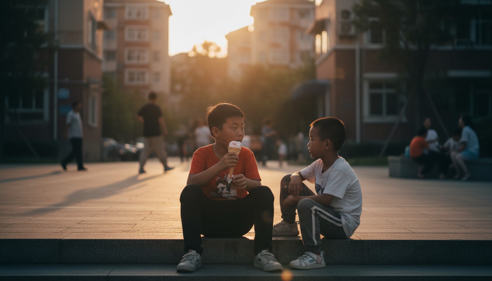 傍晚小区台阶孩子和小朋友坐着慢慢吃冰淇淋