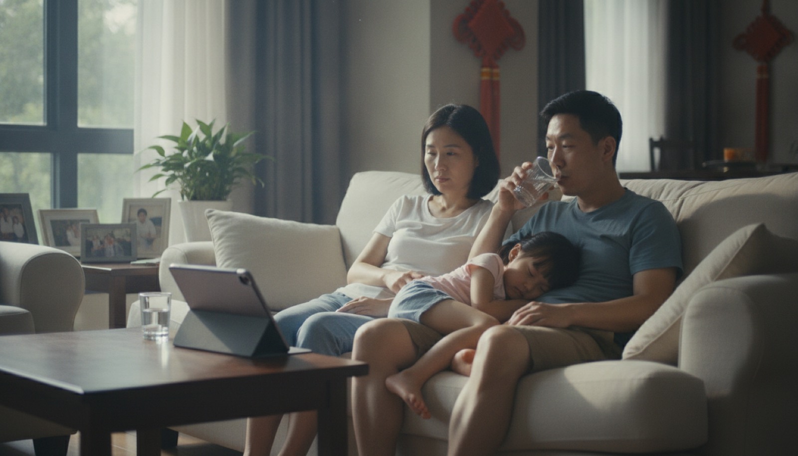 夏日午后客厅沙发上一只 iPad 和一杯水,光线柔和,氛围日常