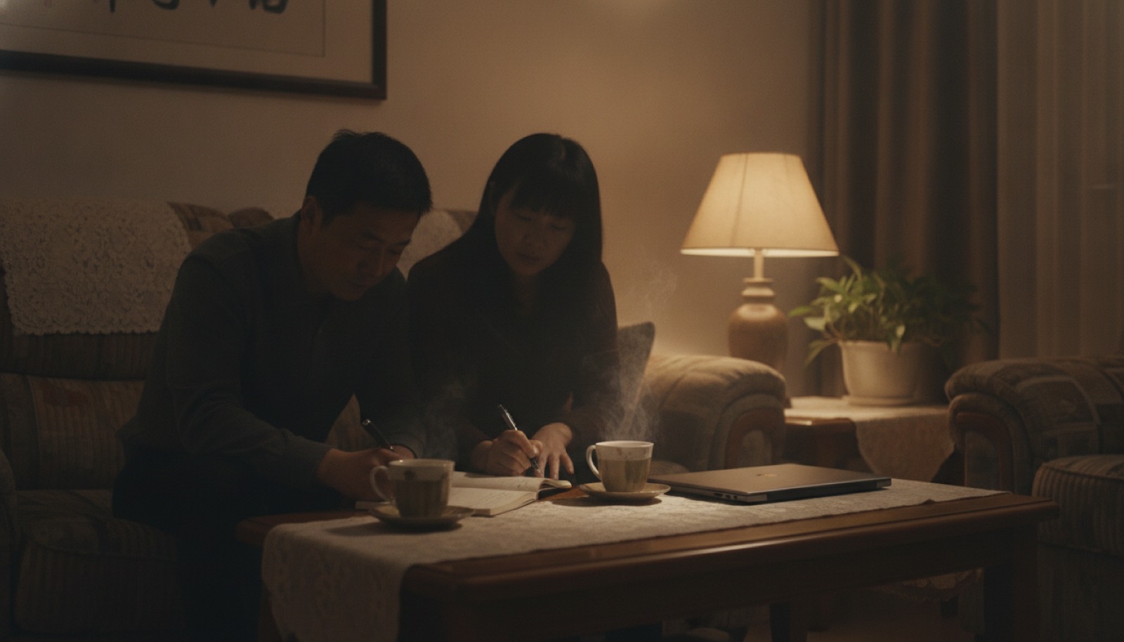 夜晚客厅夫妻并排坐写笔记本整理 iPad 规则