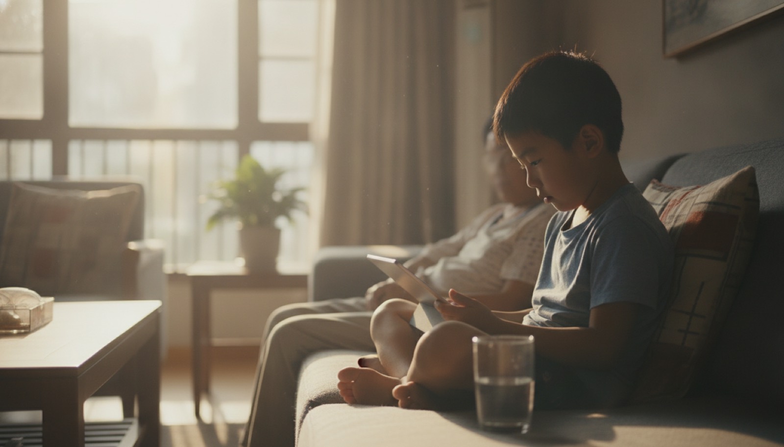 夏日午后客厅沙发男孩盘腿看 iPad 旁边一杯水