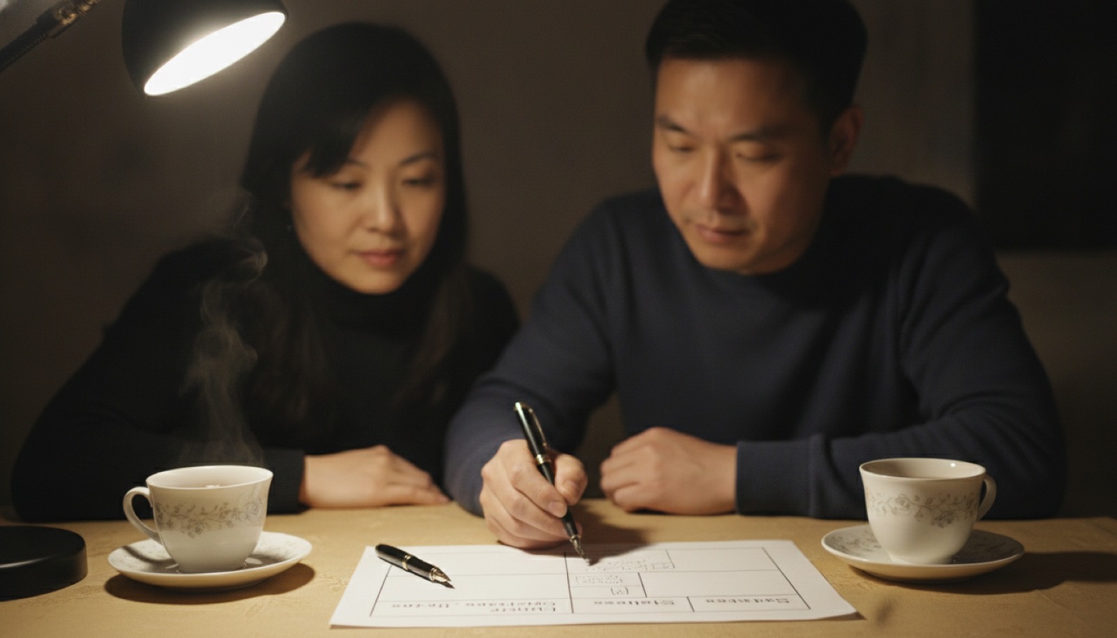 夜晚餐桌夫妻并排坐画暑期时间表草图
