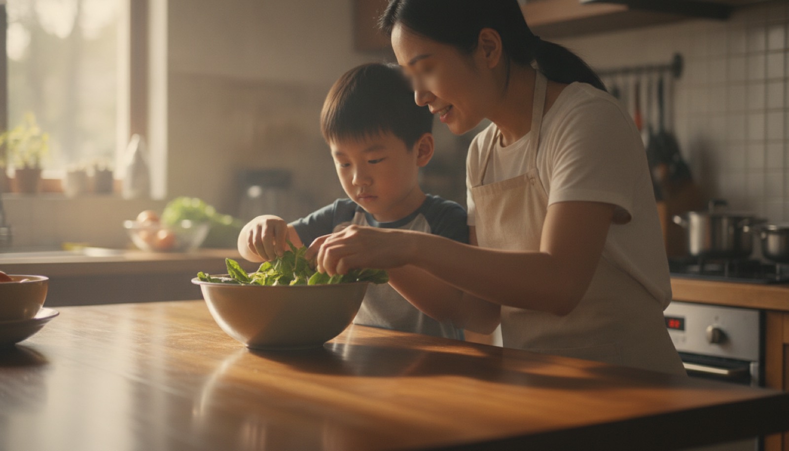 厨房岛台前妈妈和孩子并排站着一起择青菜