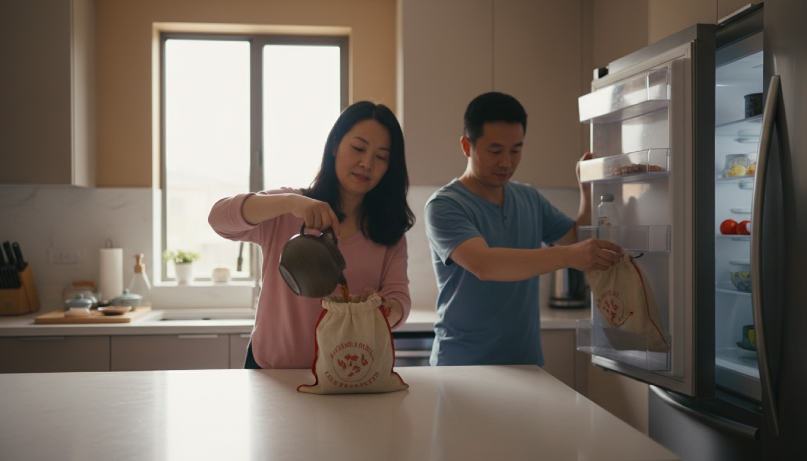 厨房妈妈把熬好的中药倒进药袋爸爸接过准备放冰箱