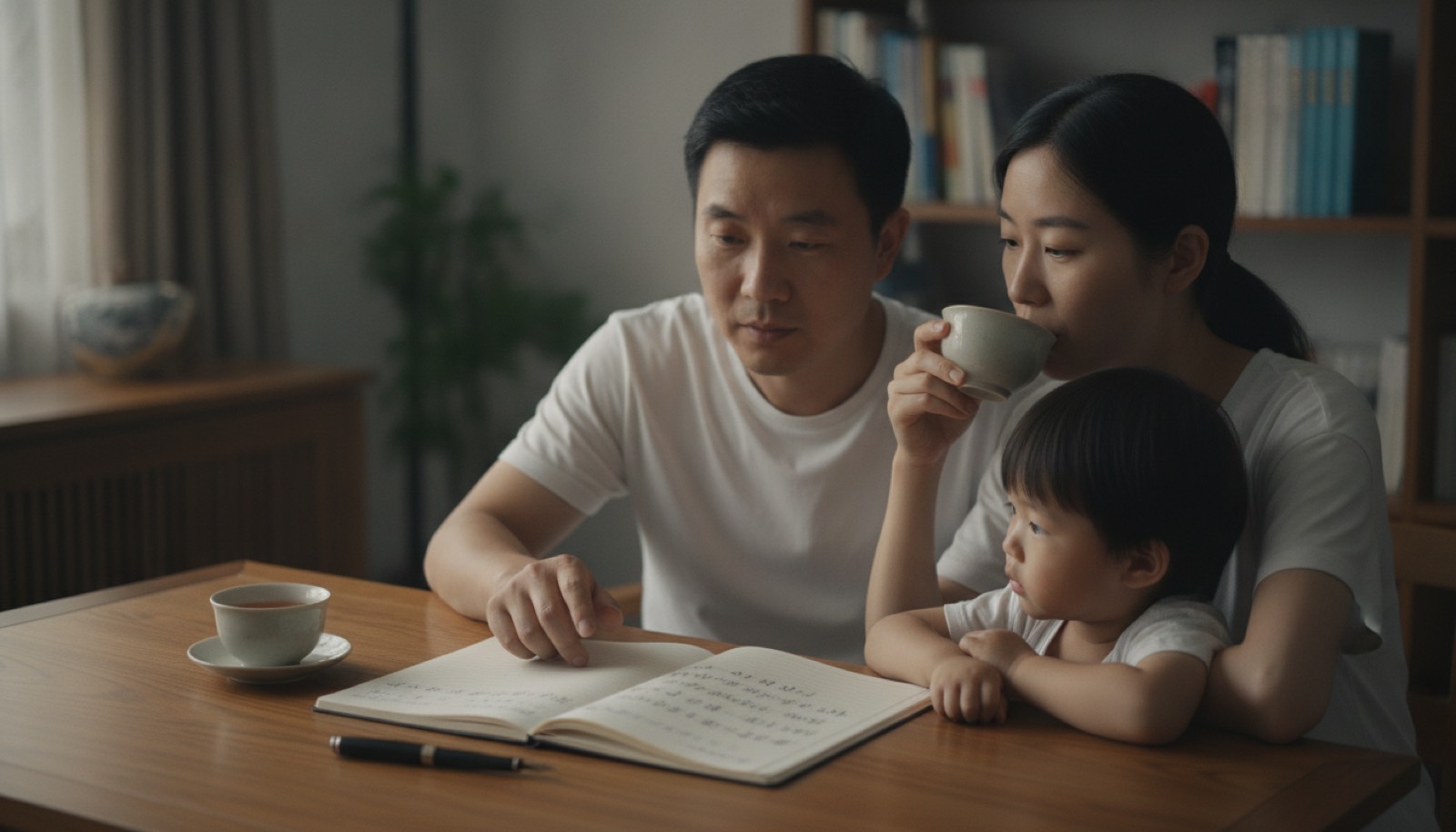 夏日傍晚书桌上一本翻开的本子写着几行字旁边一杯茶和一支笔,光线柔和,氛围安静复盘