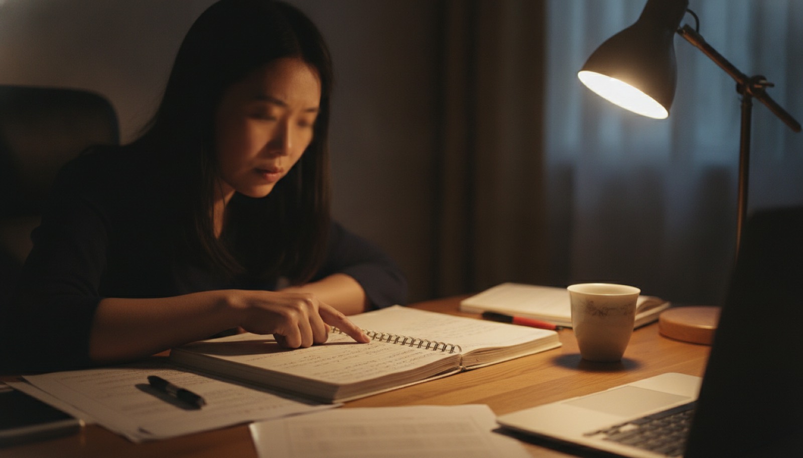 夜晚书桌妈妈翻看写满记录的手账本手指着某页