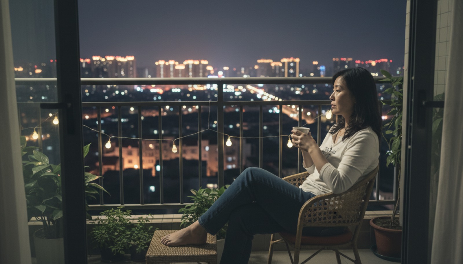 夜晚阳台妈妈一个人坐看远方手里一杯茶