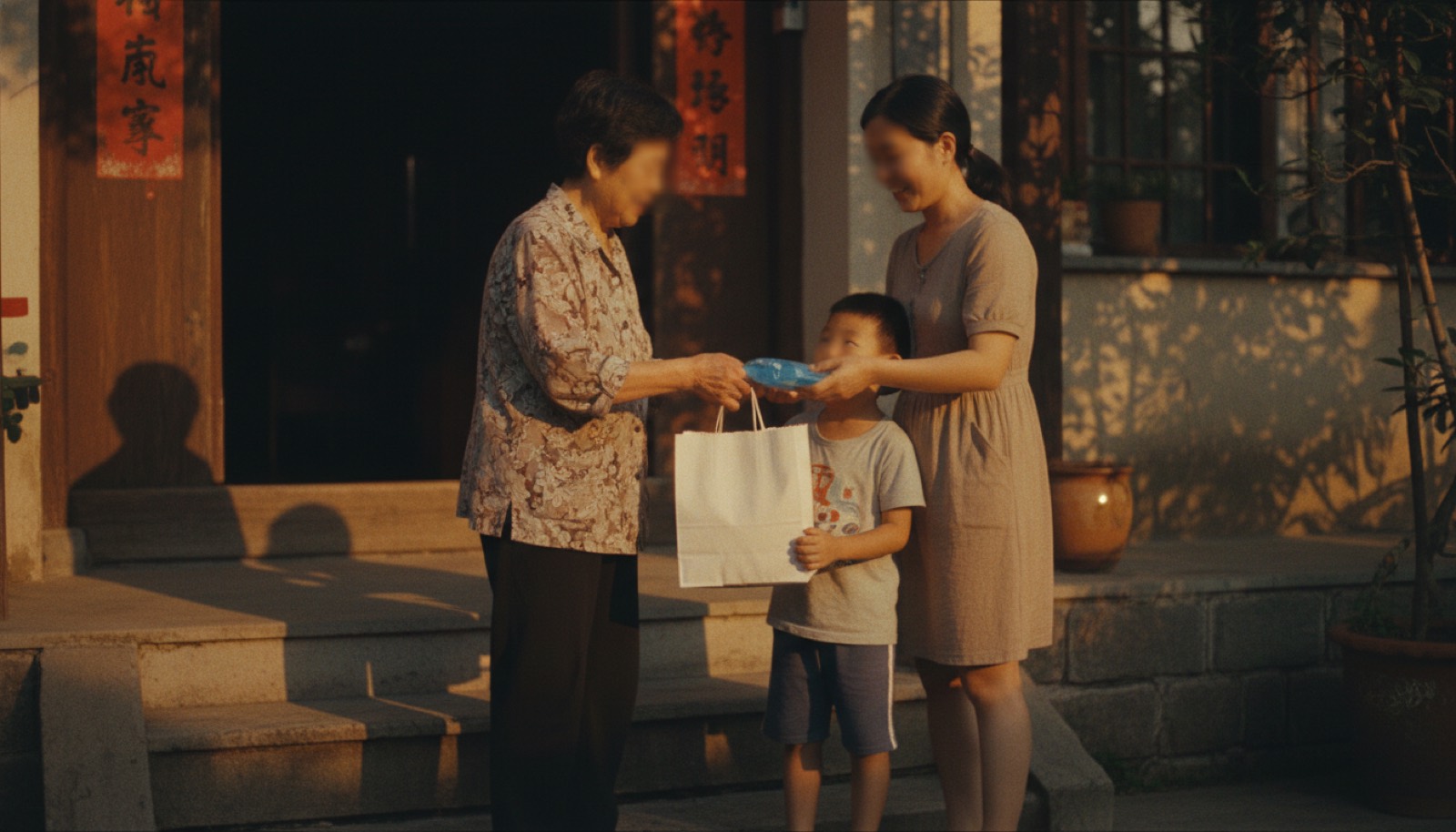 外婆家门口外婆接过妈妈递的药包冰袋孩子在腿边