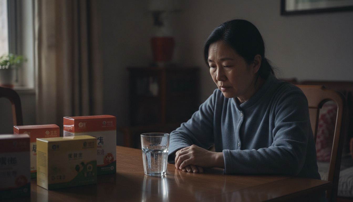 夜里餐桌一角摆着几个没拆封的保健品盒子和一杯凉掉的水,一位母亲低头坐着,氛围疲惫又清醒