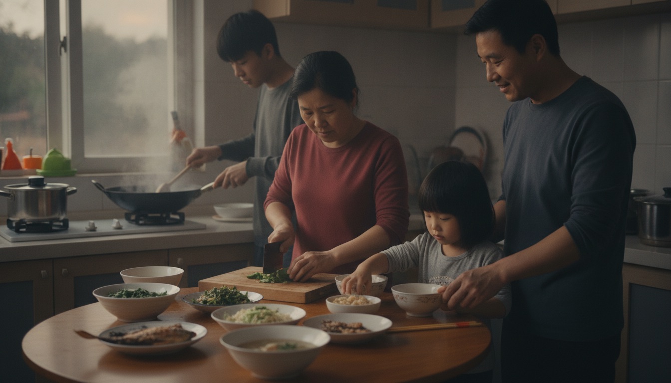 傍晚厨房一家人一起做家常晚饭母亲切菜孩子帮忙摆碗筷