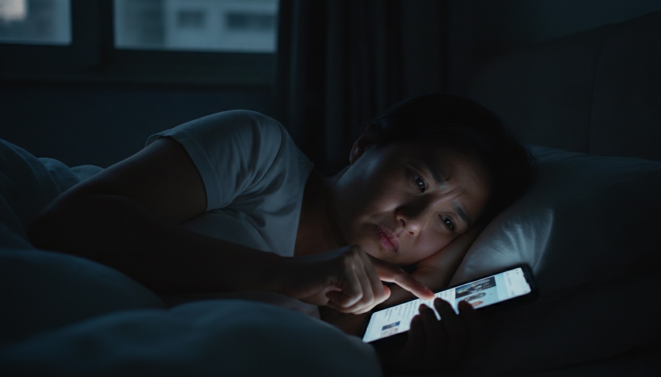 深夜卧室床头一位母亲侧躺刷手机屏幕光映在脸上眉头微皱