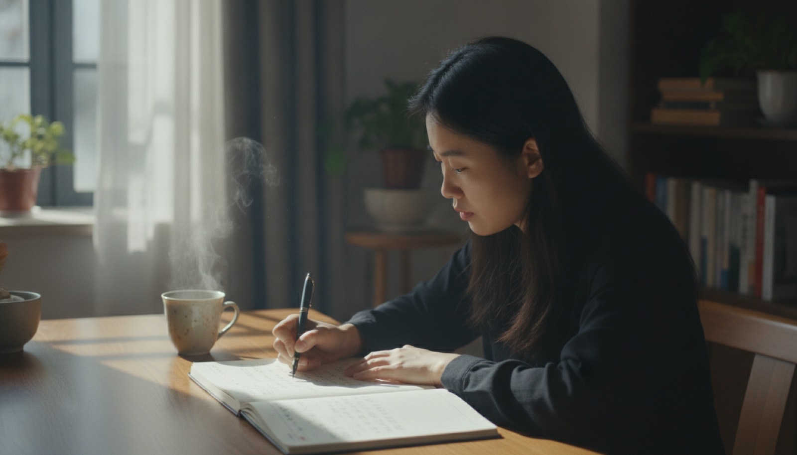 书桌上两本手账本一只钢笔一杯热茶,自然光,氛围安静记录