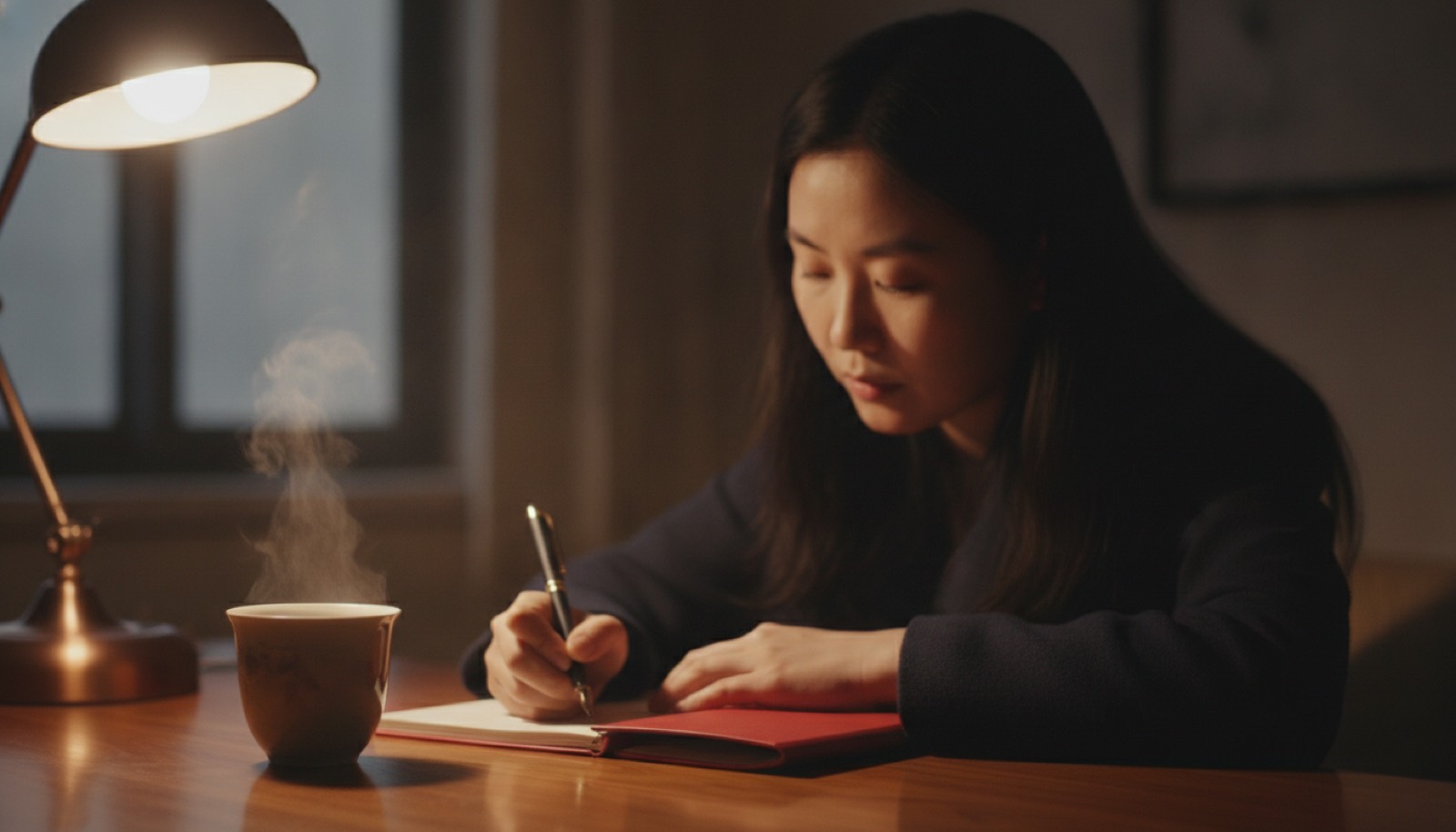 夜晚书桌妈妈坐着用钢笔写红色手账本