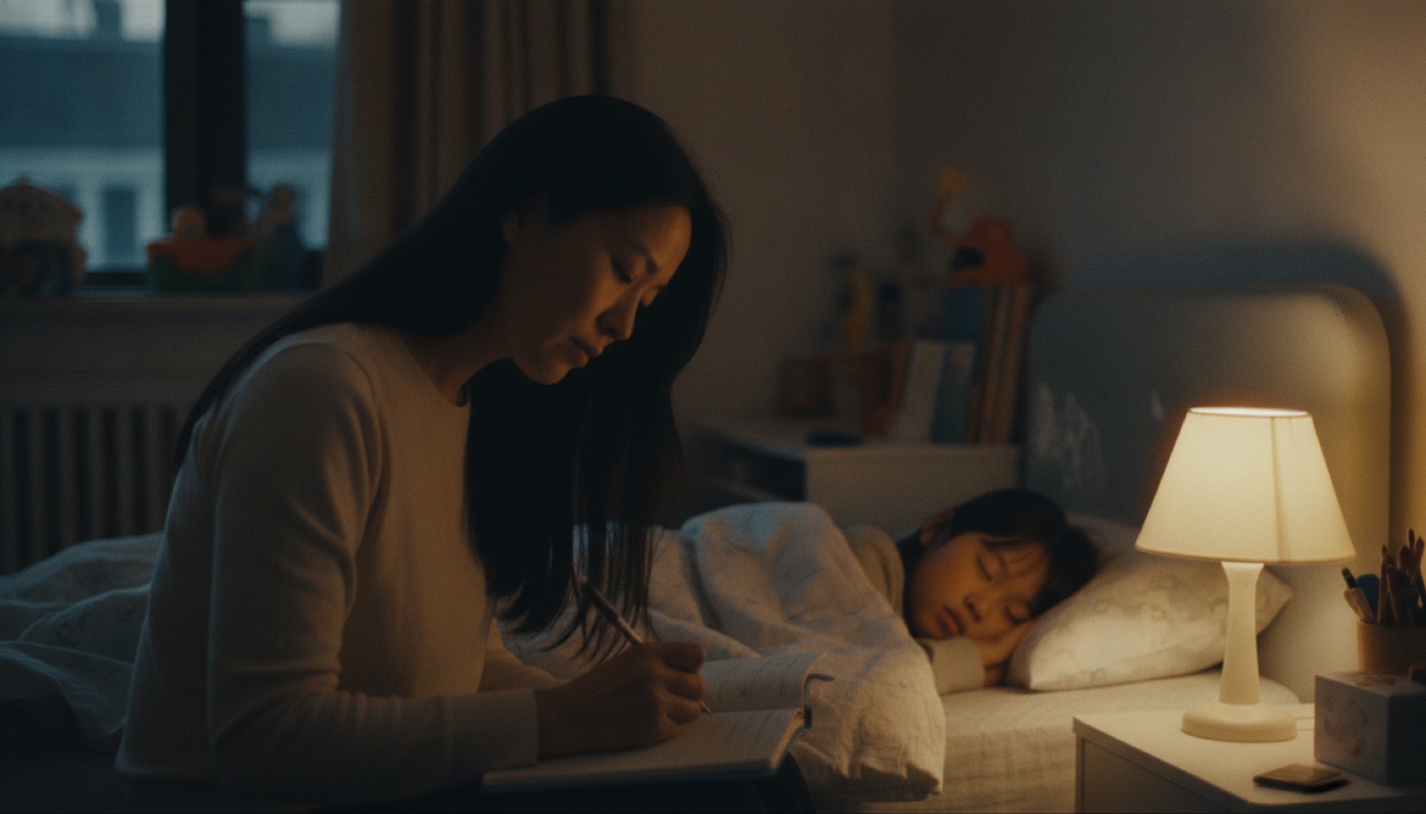 夜晚儿童卧室床边妈妈坐床沿写蓝色手账本孩子已熟睡